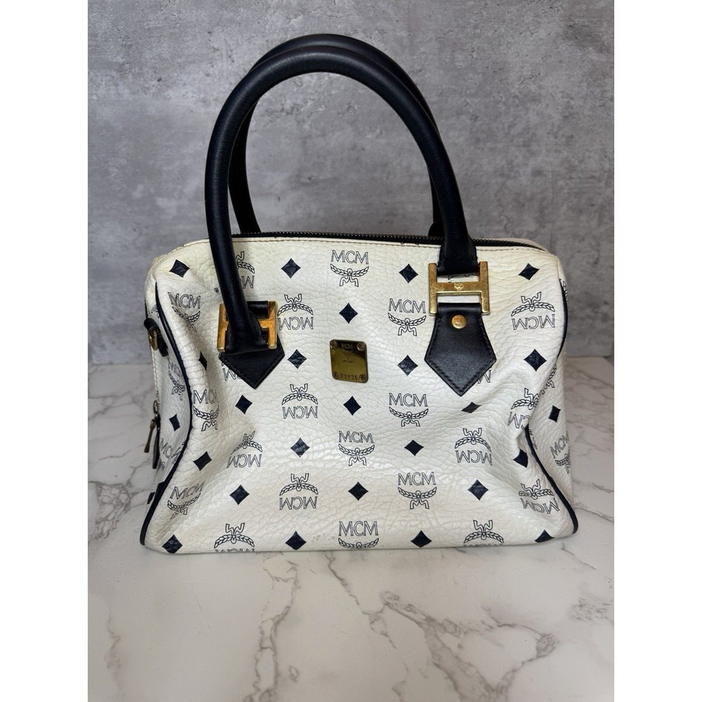 Vintage MCM White Navy Visetos Monogram Boston Satchel Handbag Gold Hardware